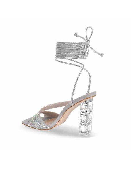 Rhinestone Open Toe Lace-up Plexiglass Heels Sandals