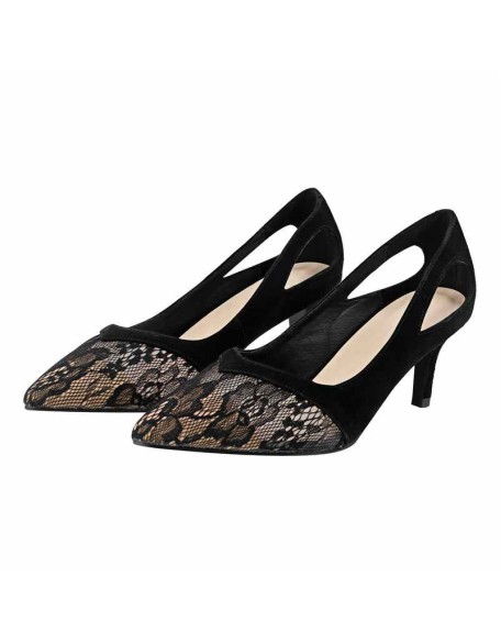 Black Pointed Toe Suede Lace Kitten Heel Pumps