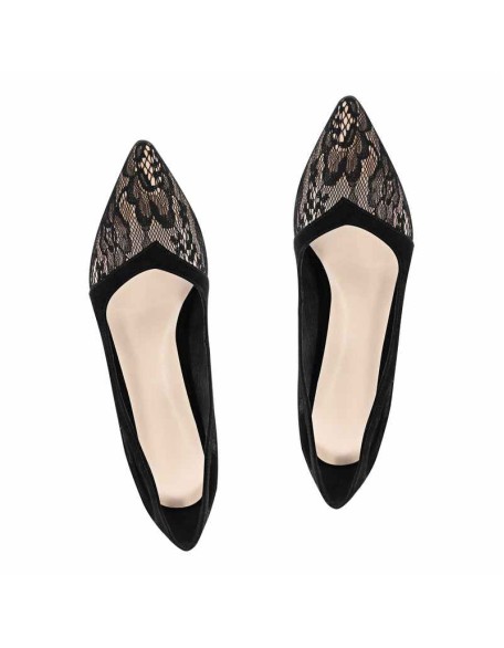 Black Pointed Toe Suede Lace Kitten Heel Pumps