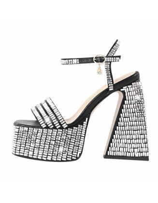 Rhinestone Square Toe Chunky Heel Platform Sandals