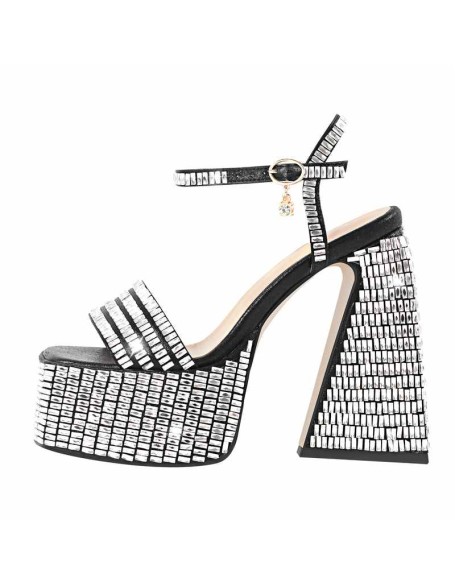 Rhinestone Square Toe Chunky Heel Platform Sandals