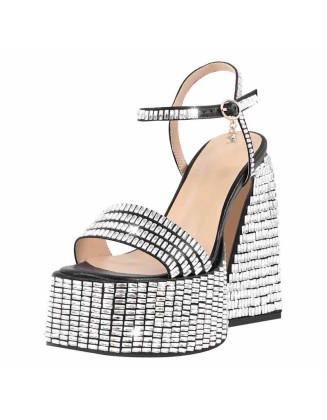 Rhinestone Square Toe Chunky Heel Platform Sandals