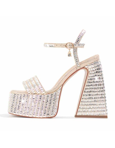 Rhinestone Square Toe Chunky Heel Platform Sandals