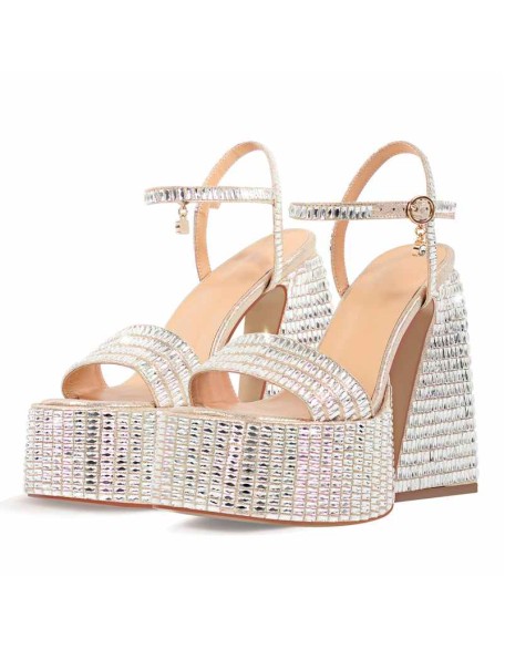 Rhinestone Square Toe Chunky Heel Platform Sandals
