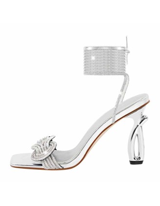 Rhinestone Square Toe Ankle Strap Silver Sandals