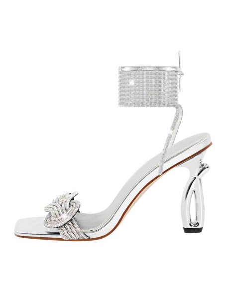 Rhinestone Square Toe Ankle Strap Silver Sandals