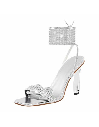 Rhinestone Square Toe Ankle Strap Silver Sandals