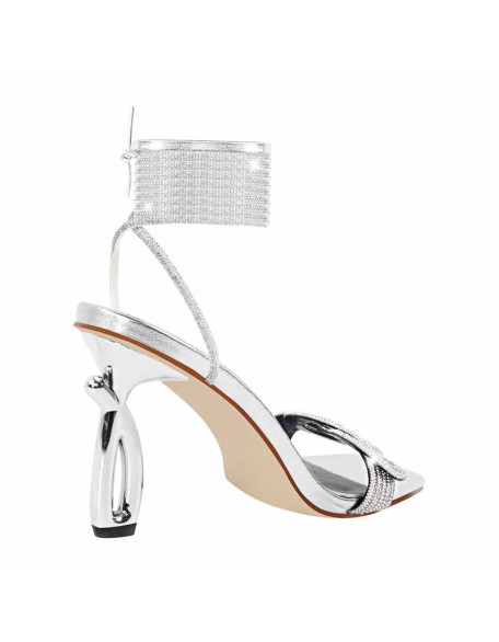 Rhinestone Square Toe Ankle Strap Silver Sandals