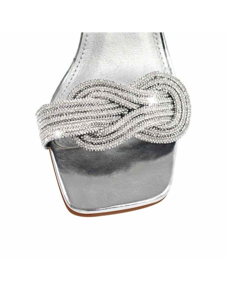 Rhinestone Square Toe Ankle Strap Silver Sandals
