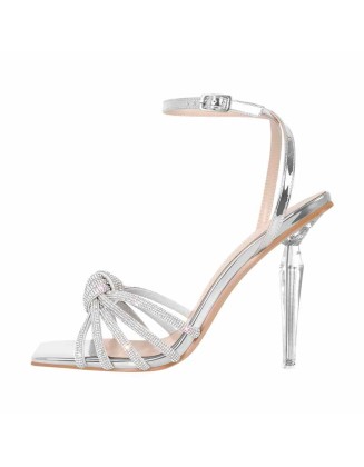 Square Toe Rhinestone Strap Clear Heel Sandals