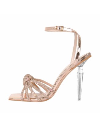 Square Toe Rhinestone Strap Clear Heel Sandals