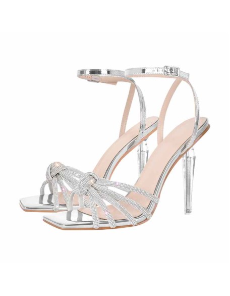 Square Toe Rhinestone Strap Clear Heel Sandals