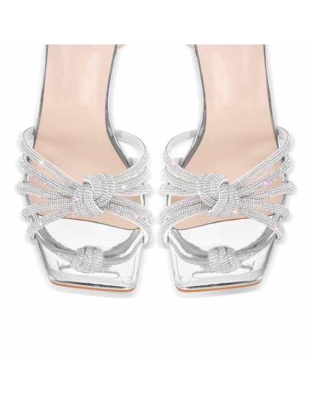 Square Toe Rhinestone Strap Clear Heel Sandals