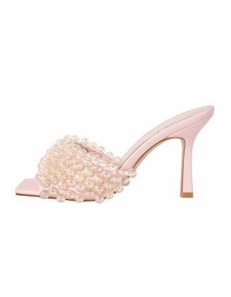 Square Toe Pearls Slip-on Sandals