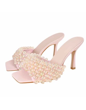 Square Toe Pearls Slip-on Sandals