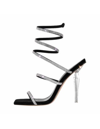 Square Toe Rhinestone Hollow Clear Heel Sandals
