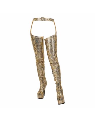 Gold Snake Pattern Platform Stiletto Over The Knee Pant Boots