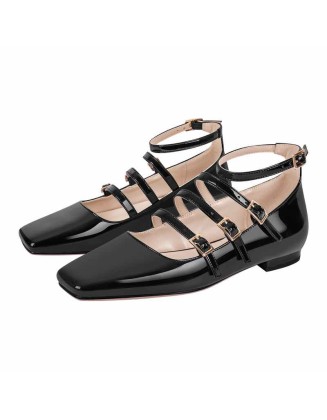 Square Toe Buckle Strap Flats