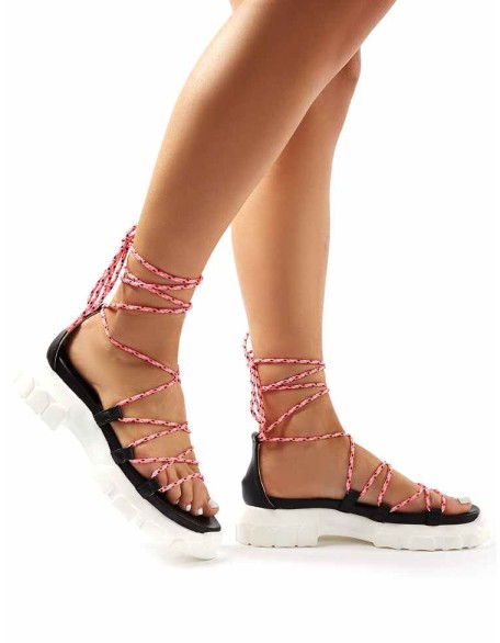 Dynamic Black Neon Pink Lace Up Chunky Sandals
