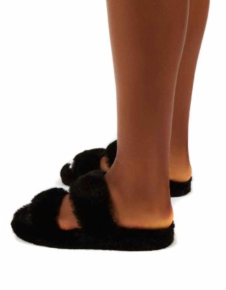 Teddi Black Fluffy Double Strap Slider Faux Fur Slipper