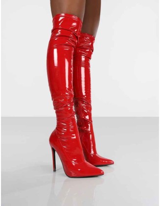 Confidence Red Patent Stiletto Heeled Over The Knee PU Boots