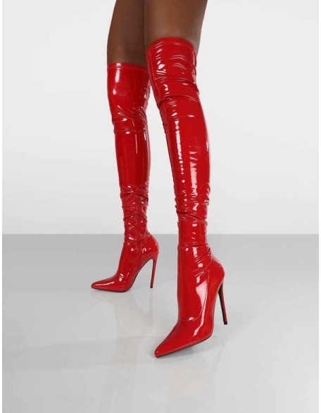 Confidence Red Patent Stiletto Heeled Over The Knee PU Boots