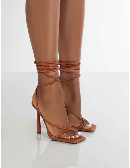 Lacey Tan Square Toe Strappy Lace Up Heels