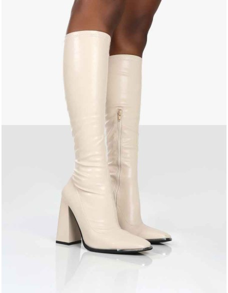 Caryn Stone PU Knee High Heeled Boots