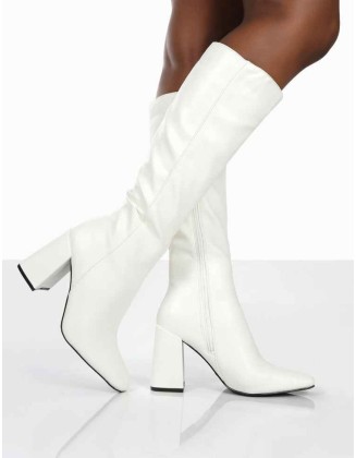 Apology White Pu Knee High Block Heel Boots