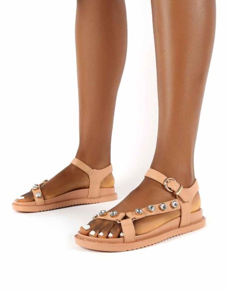 Sadie Beige Jewel Detail Flat Sandal