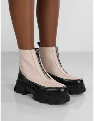 Direction Bone Pu Zip Front Chunky Sole Ankle Boot