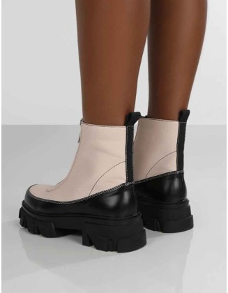 Direction Bone Pu Zip Front Chunky Sole Ankle Boot