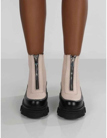 Direction Bone Pu Zip Front Chunky Sole Ankle Boot