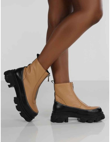 Direction Tan Pu Zip Front Chunky Sole Ankle Boot