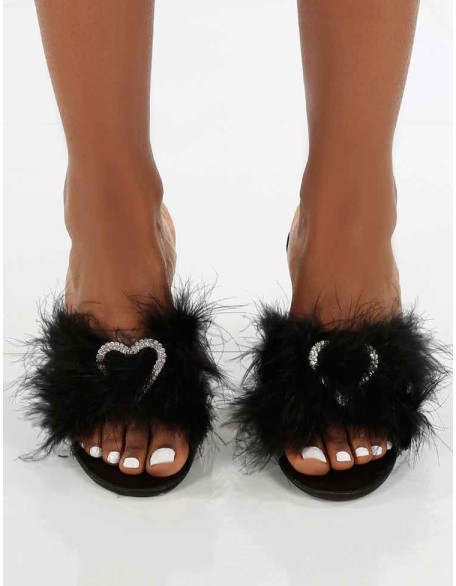 Glam Black Embellished Heart Feather Mule Heels