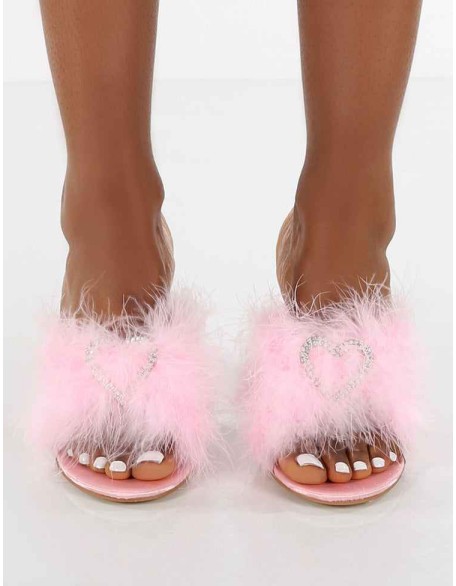 Glam Pink WF Embellished Heart Feather Mule Heels