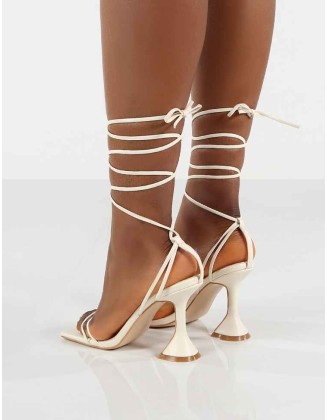 Dymond Off White Lace Up Square Toe Cake Stand Heels