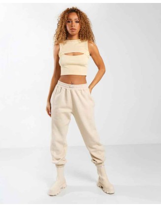 Amber x Public Desire ribbed cut out crop t-shirt in butter