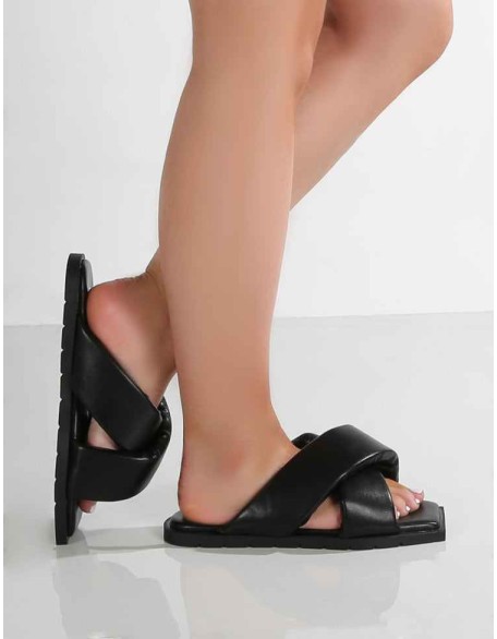 Shatter Wide Fit Black Cross Over Slider Sandals