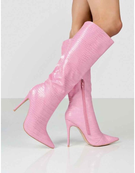 Horizon Pink Croc PU Knee High Boots
