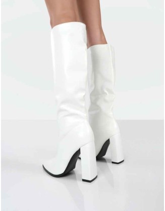 Posie White PU Knee High Block Heel Boots