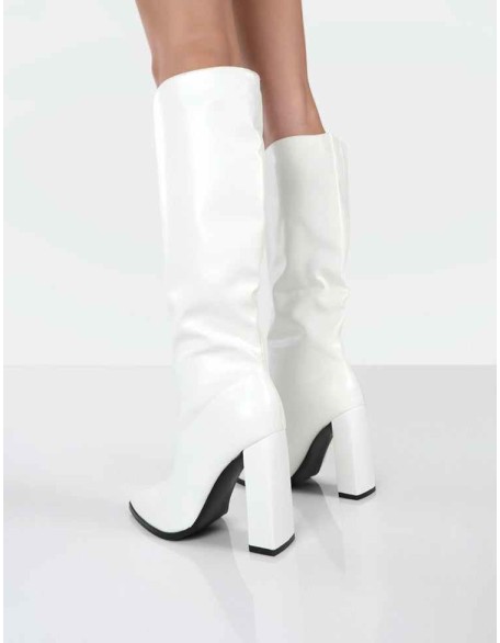 Posie White PU Knee High Block Heel Boots
