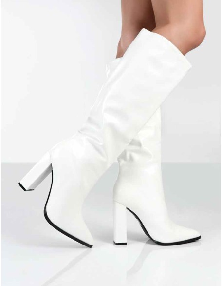 Posie White PU Knee High Block Heel Boots