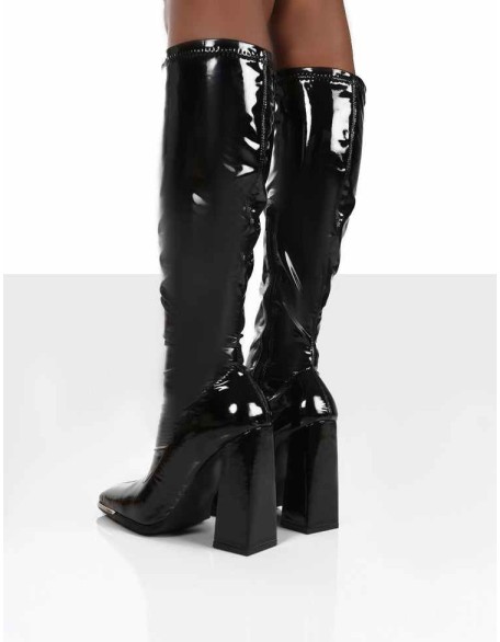 Caryn Black Patent Wide Fit Knee High Block Heeled Boots
