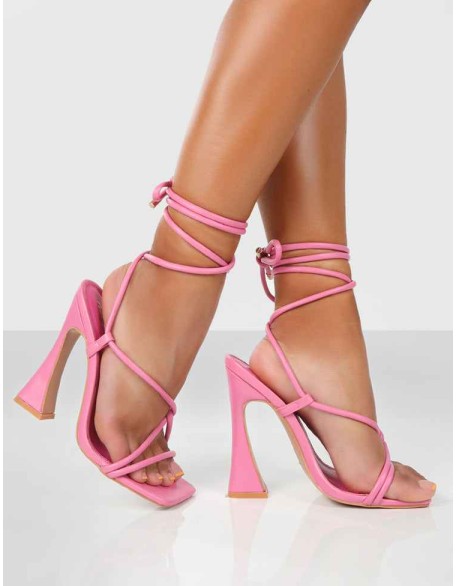 Lori Pink Strappy Lace Up Square Toe Flared Block Heels