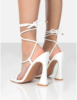Lori White Strappy Lace Up Square Toe Flared Block Heels