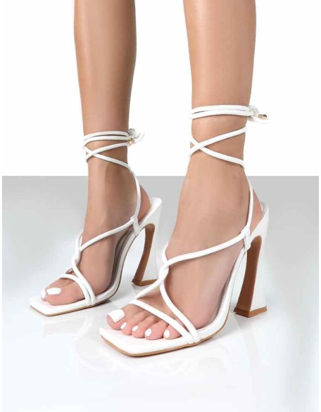 Lori White Strappy Lace Up Square Toe Flared Block Heels