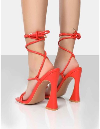 Lori Orange Strappy Lace Up Square Toe Flared Block Heels