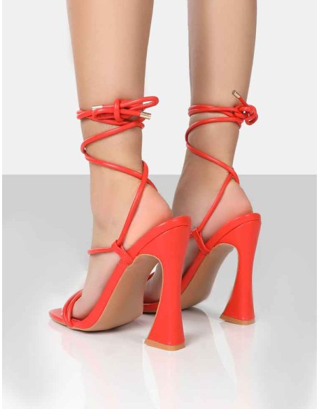 Lori Orange Strappy Lace Up Square Toe Flared Block Heels