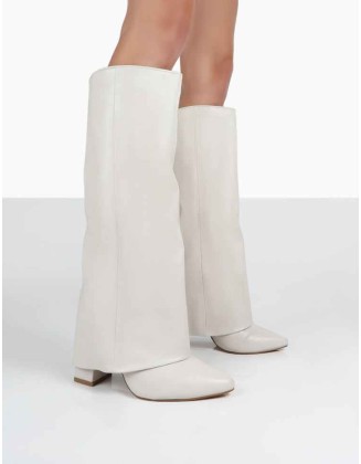 Zendaya Ecru Pointed Toe Knee High Boots